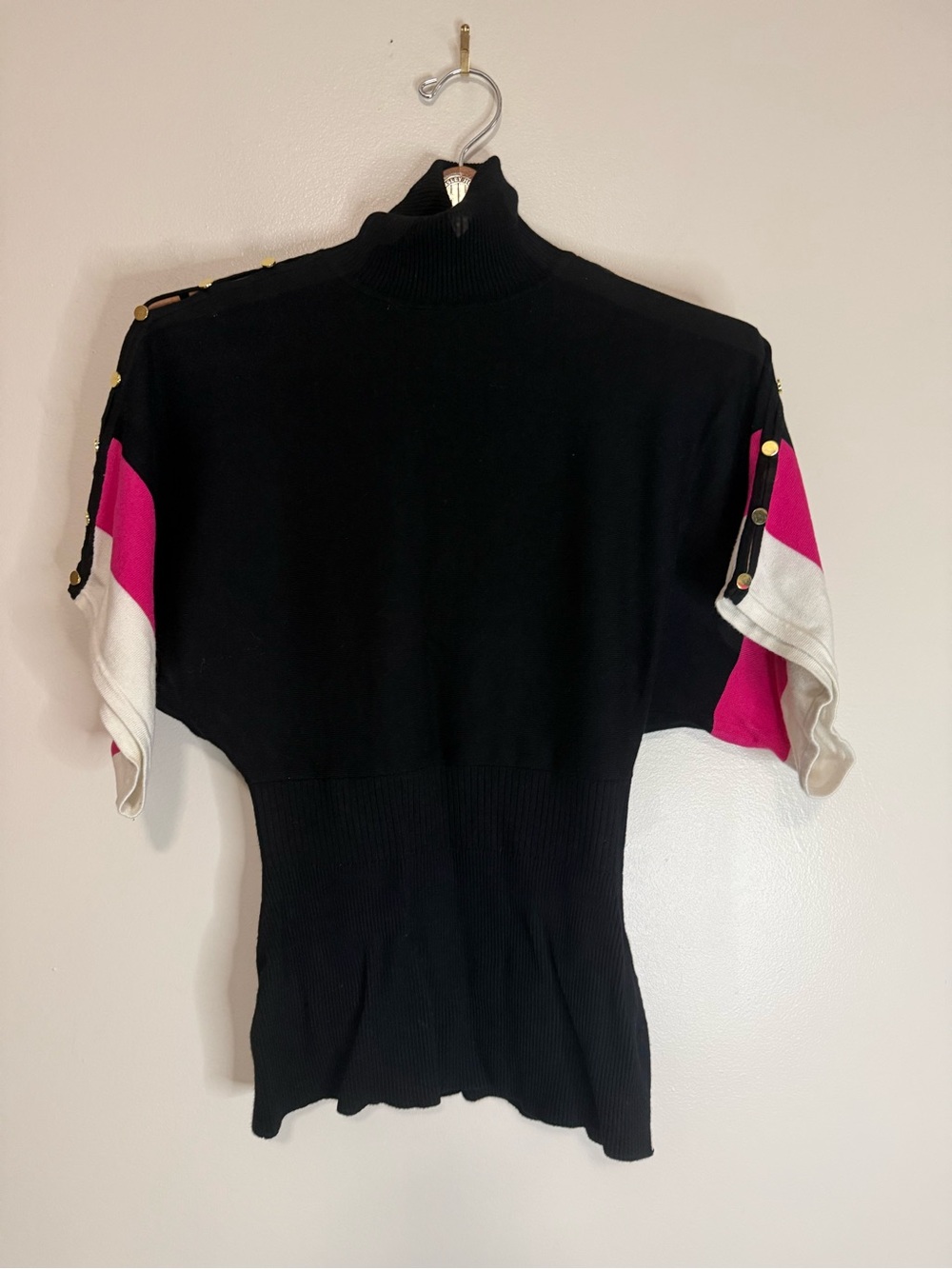 Cache Vintsge Black Mock Neck Sweater with Pink White Sleeve Panels size medium